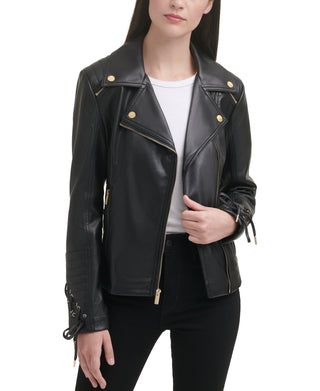 GUESS Women's Faux Leather Asymmetrical Moto Coat Black Size Large