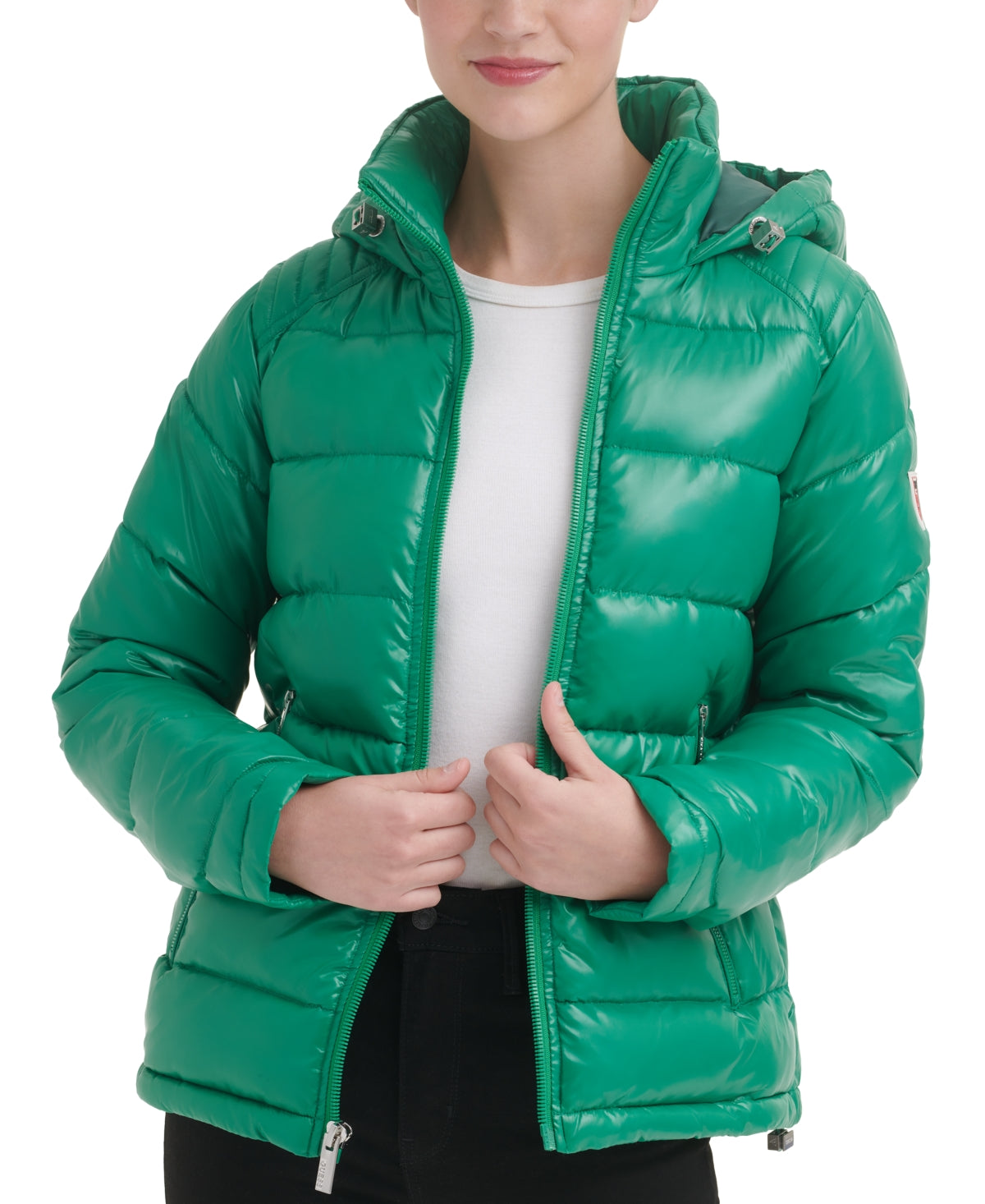 Casaco acolchoado com capuz GUESS High Shine feminino, verde, tamanho médio
