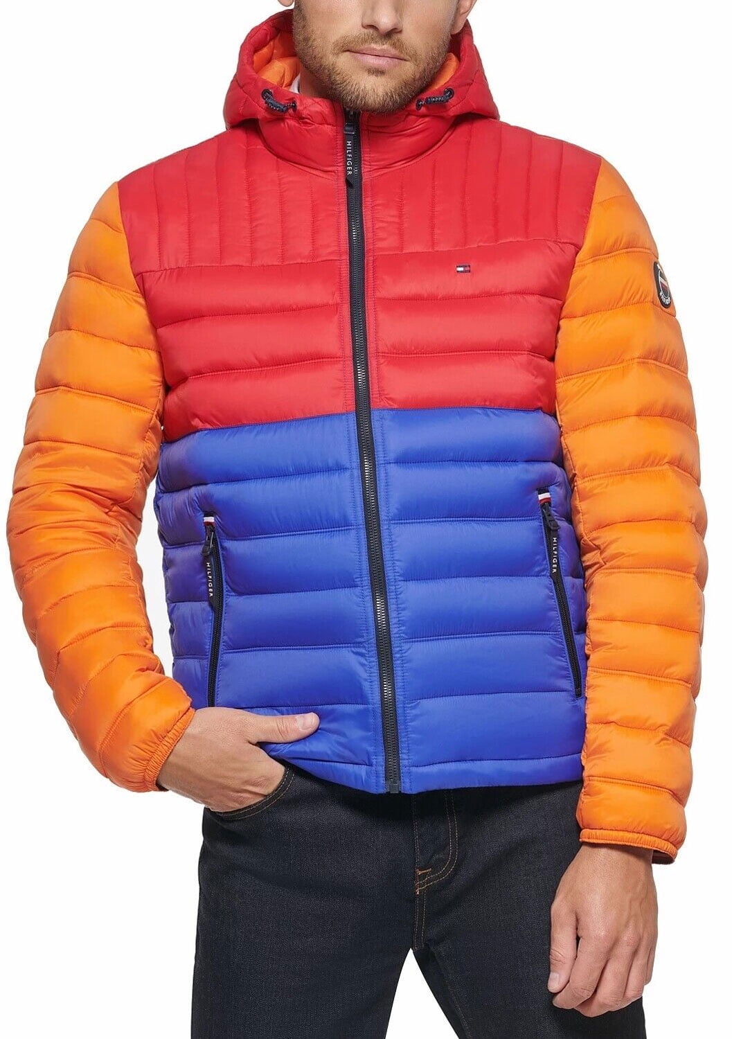 Jaqueta acolchoada com capuz e blocos de cores Tommy Hilfiger masculina laranja tamanho XX-G