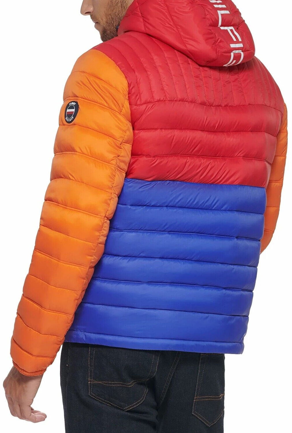 Jaqueta acolchoada com capuz e blocos de cores Tommy Hilfiger masculina laranja tamanho XX-G