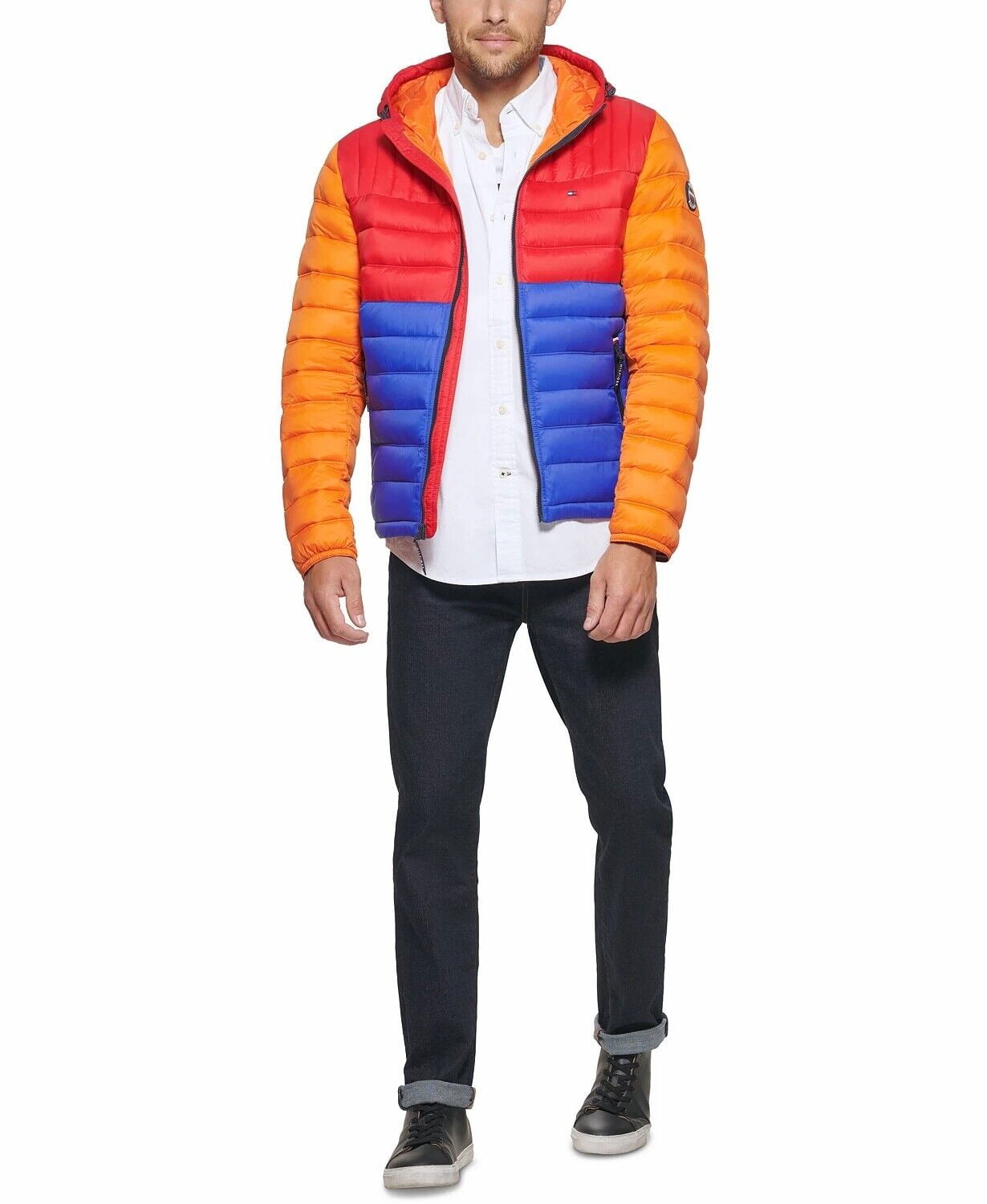 Jaqueta acolchoada com capuz e blocos de cores Tommy Hilfiger masculina laranja tamanho XX-G