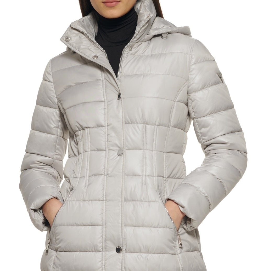 Casaco acolchoado com capuz e alto brilho GUESS feminino, branco, tamanho X-G