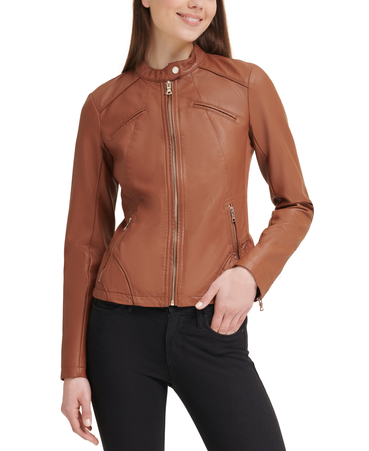 Jaqueta de couro sintético feminina GUESS, marrom, tamanho médio