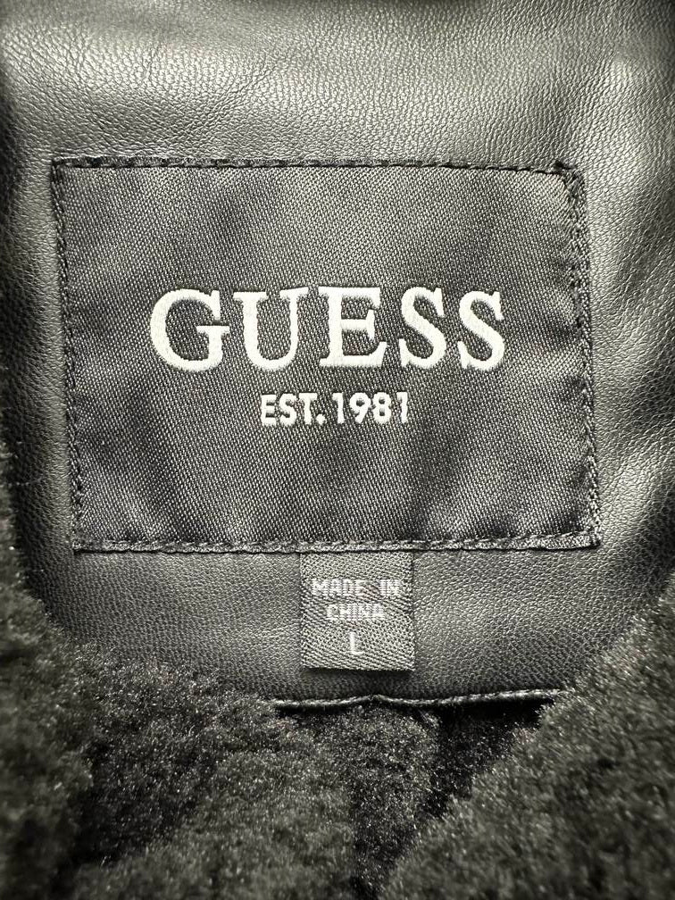 Guess Casaco longo de couro sintético trespassado masculino, preto, tamanho grande