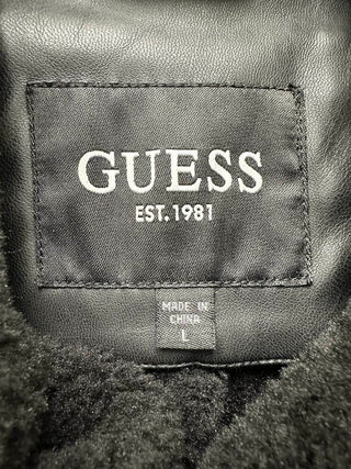 Guess Casaco longo de couro sintético trespassado masculino, preto, tamanho grande