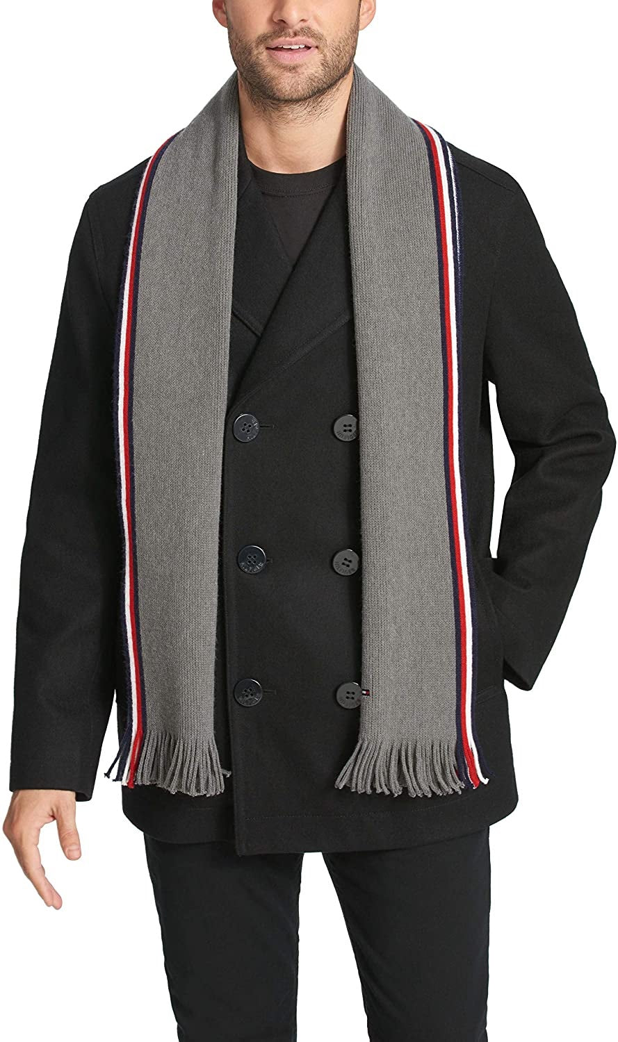 Tommy Hilfiger Casaco clássico trespassado masculino com cachecol removível, preto, tamanho G