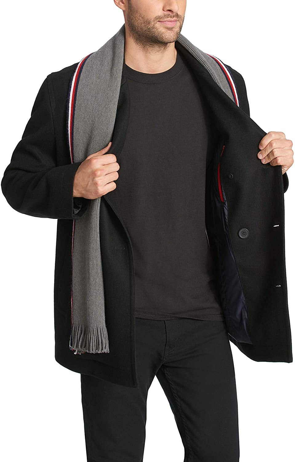 Tommy Hilfiger Casaco clássico trespassado masculino com cachecol removível, preto, tamanho G