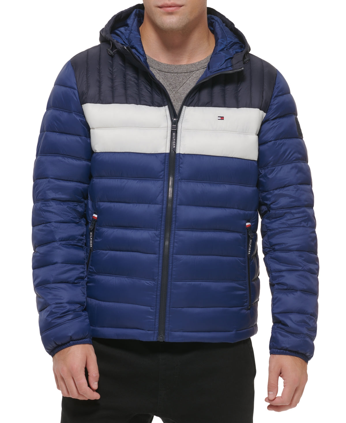 Jaqueta acolchoada com capuz e blocos de cores Tommy Hilfiger masculina, tamanho grande, azul