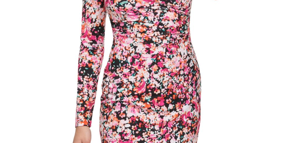 Vestido de festa curto com decote em V e manga comprida floral GUESS, rosa, tamanho 2