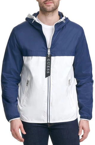 Jaqueta corta-vento masculina GUESS com capuz e blocos de cores, azul, tamanho médio
