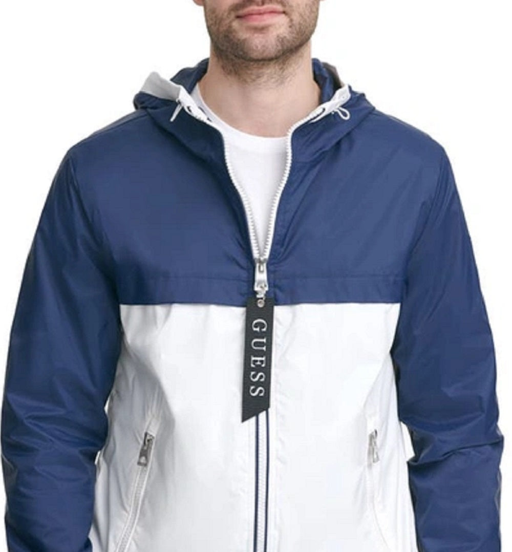 Jaqueta corta-vento masculina GUESS com capuz e blocos de cores, azul, tamanho médio