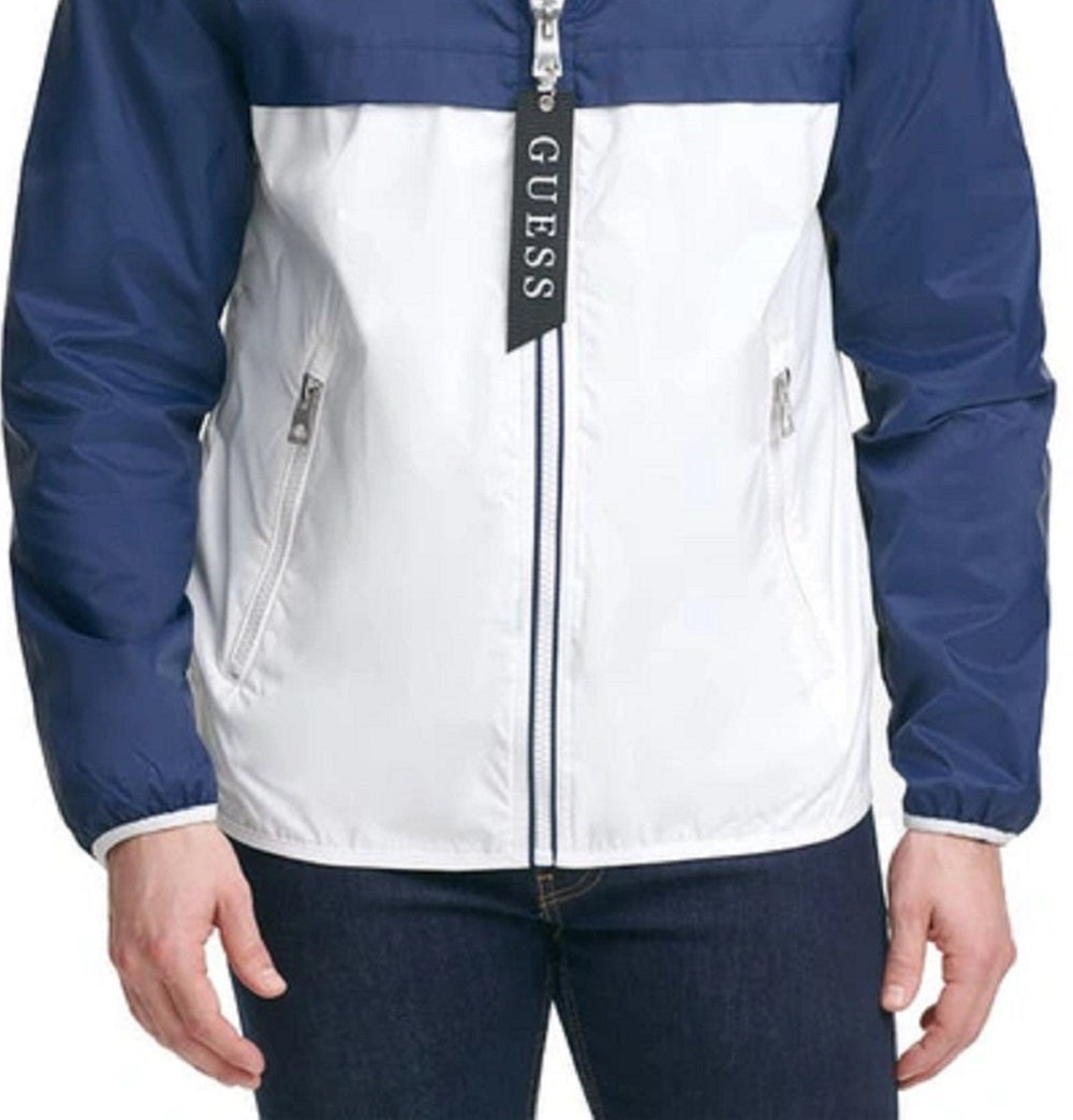 Jaqueta corta-vento masculina GUESS com capuz e blocos de cores, azul, tamanho médio