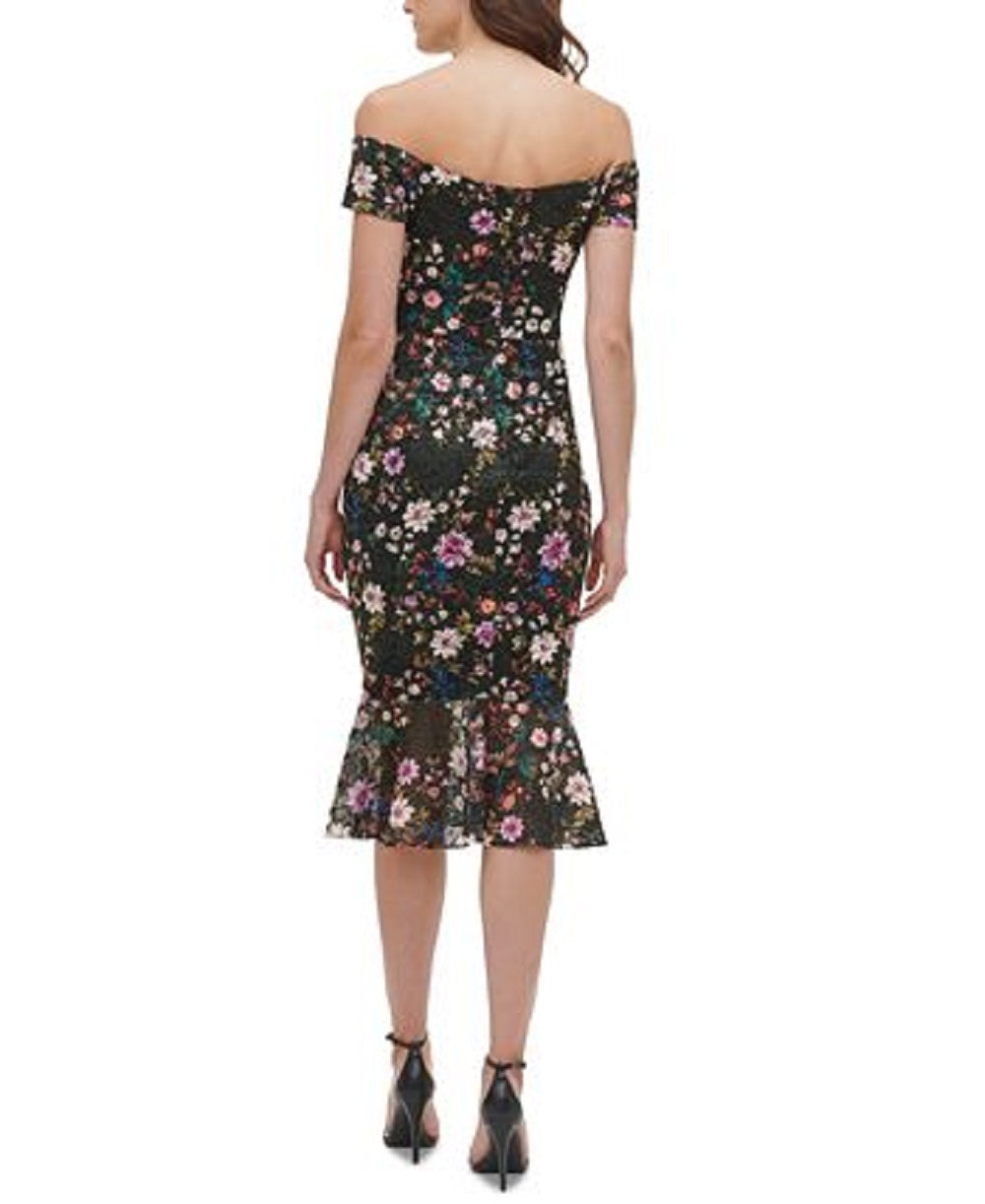 Vestido midi de renda com ombros de fora feminino GUESS, preto, tamanho 0