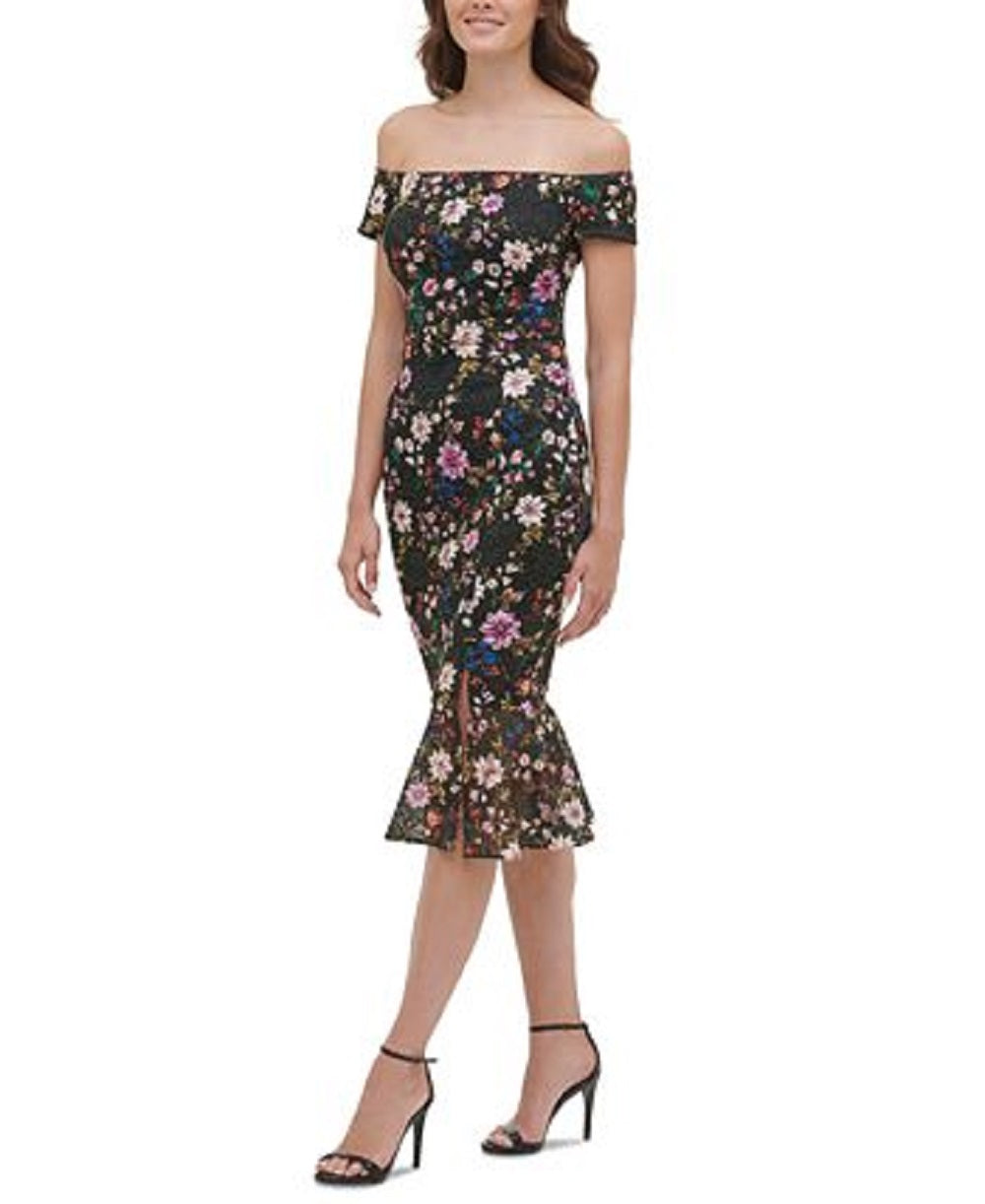 Vestido midi de renda com ombros de fora feminino GUESS, preto, tamanho 0