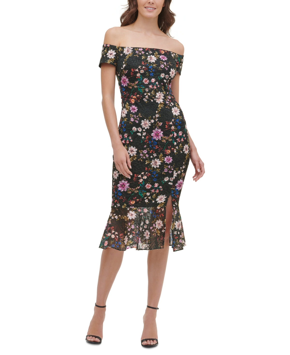 Vestido midi de renda com ombros de fora feminino GUESS, preto, tamanho 0