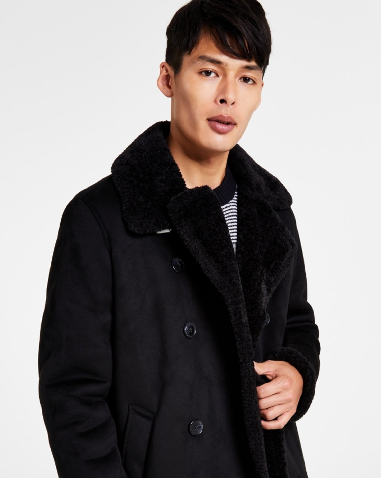 Sobretudo masculino GUESS de pele de carneiro sintética, preto, tamanho grande