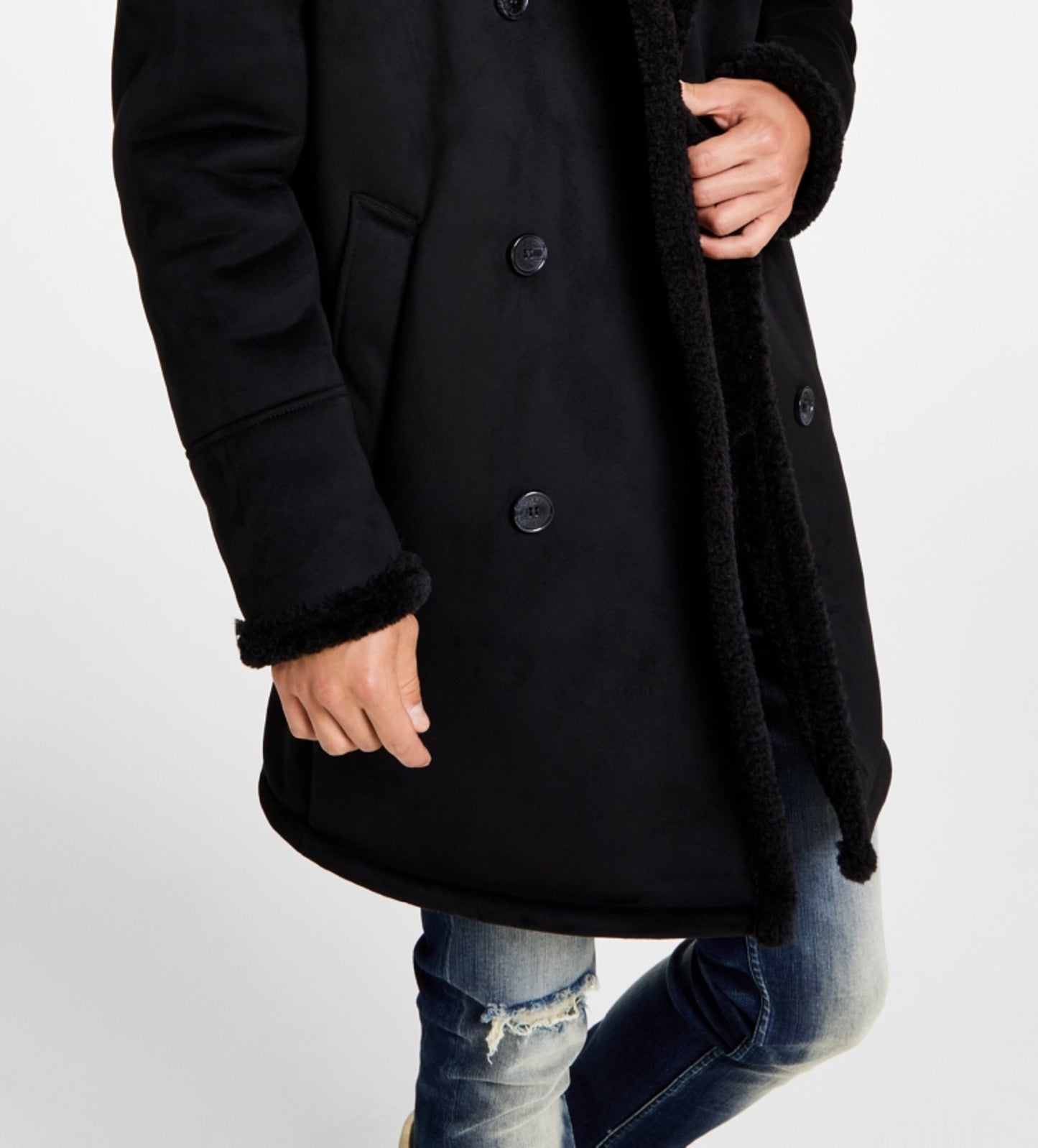 Sobretudo masculino GUESS de pele de carneiro sintética, preto, tamanho grande