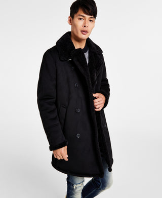 Sobretudo masculino GUESS de pele de carneiro sintética, preto, tamanho grande