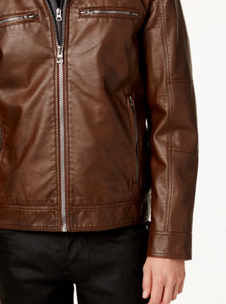 Jaqueta de couro sintético masculina GUESS com capuz removível para motocicleta, marrom, tamanho XX-G