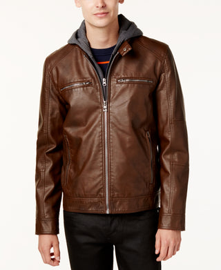 Jaqueta de couro sintético masculina GUESS com capuz removível para motocicleta, marrom, tamanho XX-G
