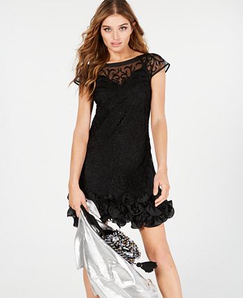 Vestido tubinho feminino GUESS com babados e renda floral, preto, tamanho 14