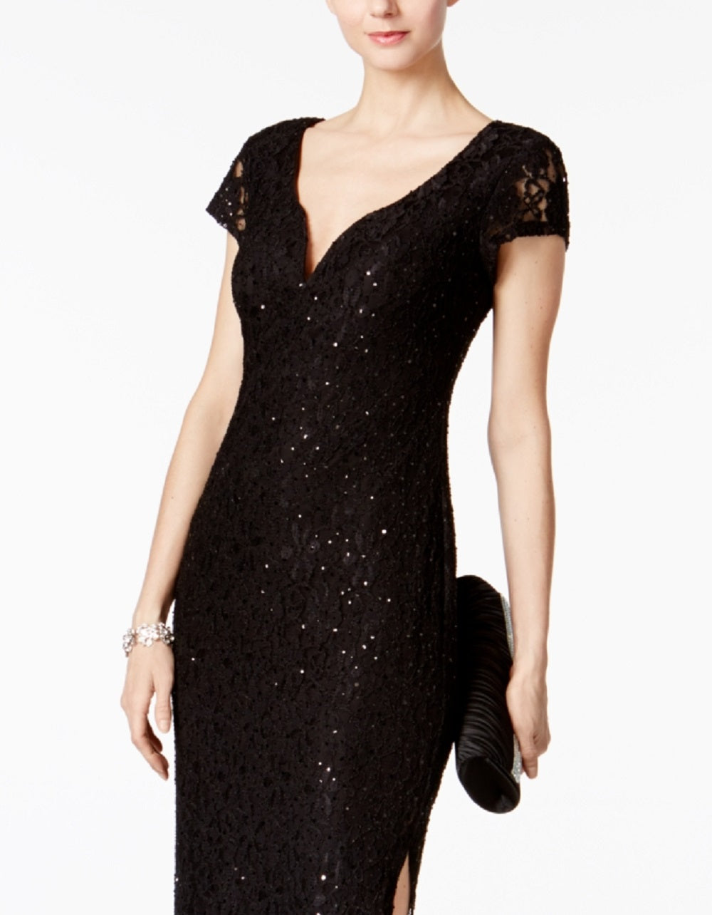 Vestido coluna de renda com lantejoulas conectado para mulheres, preto, tamanho 6