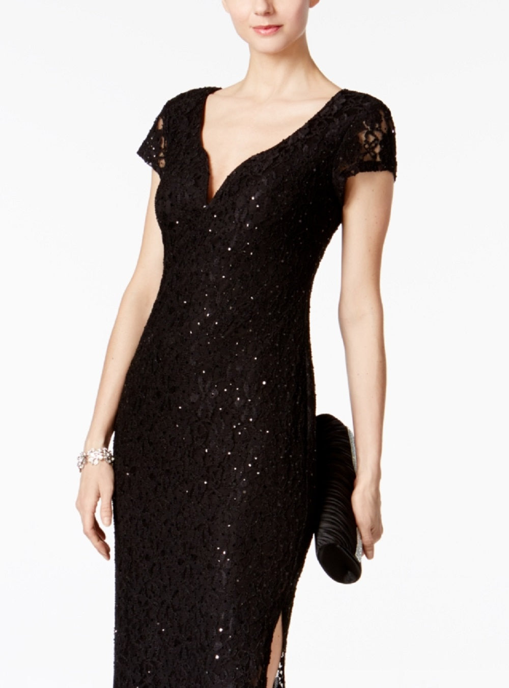 Vestido coluna de renda com lantejoulas conectado para mulheres, preto, tamanho 10