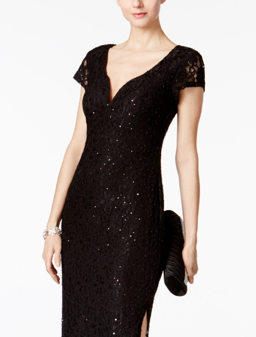 Vestido de festa feminino com lantejoulas e renda, preto, tamanho 12