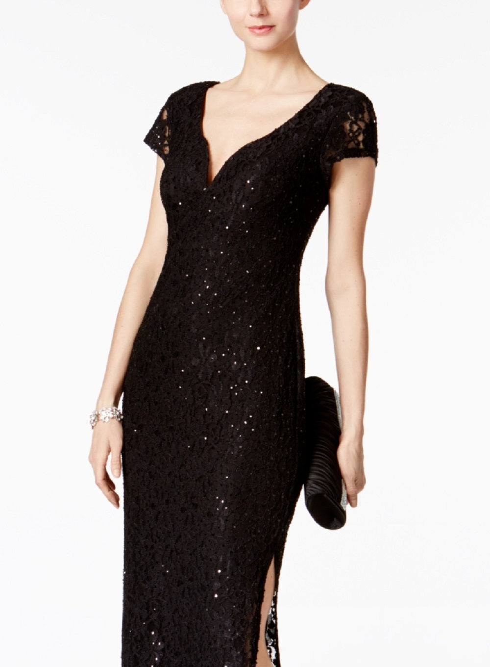 Vestido coluna de renda com lantejoulas conectado para mulheres, preto, tamanho 14