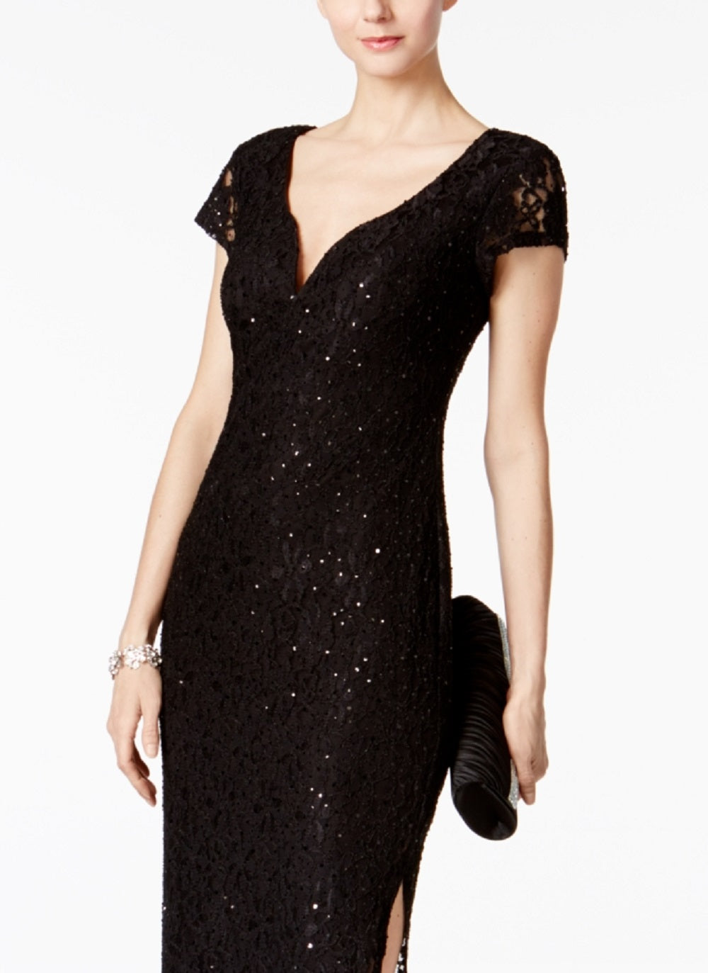 Vestido de festa feminino com lantejoulas e renda, preto, tamanho 16