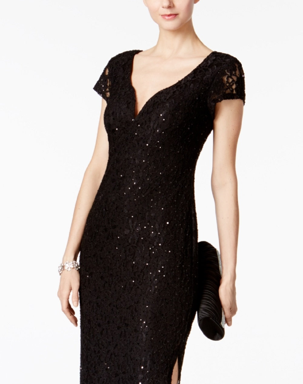 Vestido coluna de renda com lantejoulas feminino conectado, preto, tamanho 4, pequeno