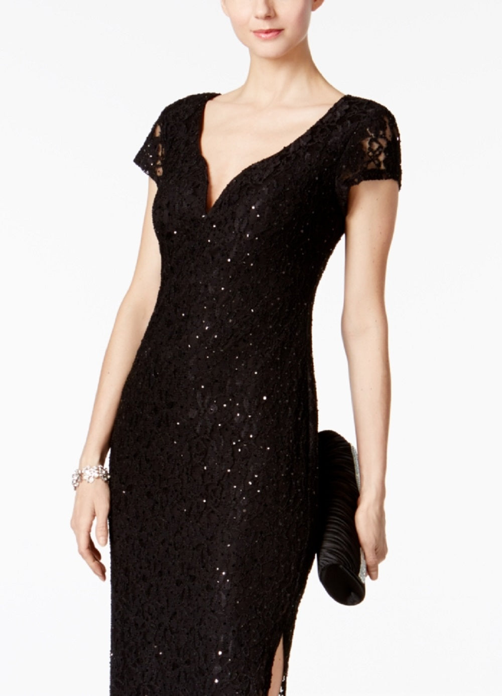 Vestido coluna de renda com lantejoulas feminino conectado, preto, tamanho 6, pequeno