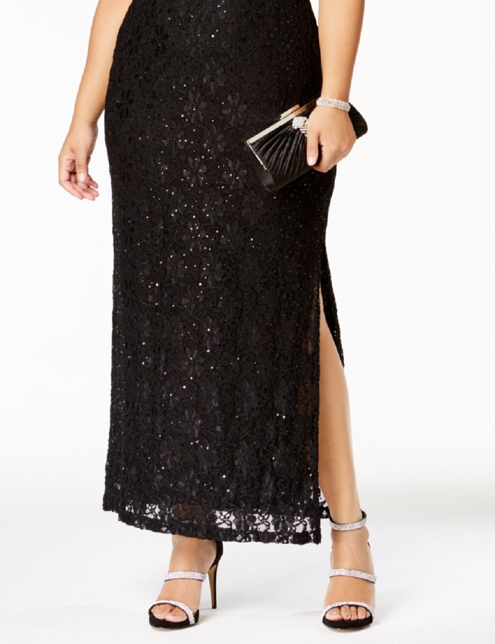 Vestido de renda com lantejoulas feminino conectado, preto, tamanho 14W