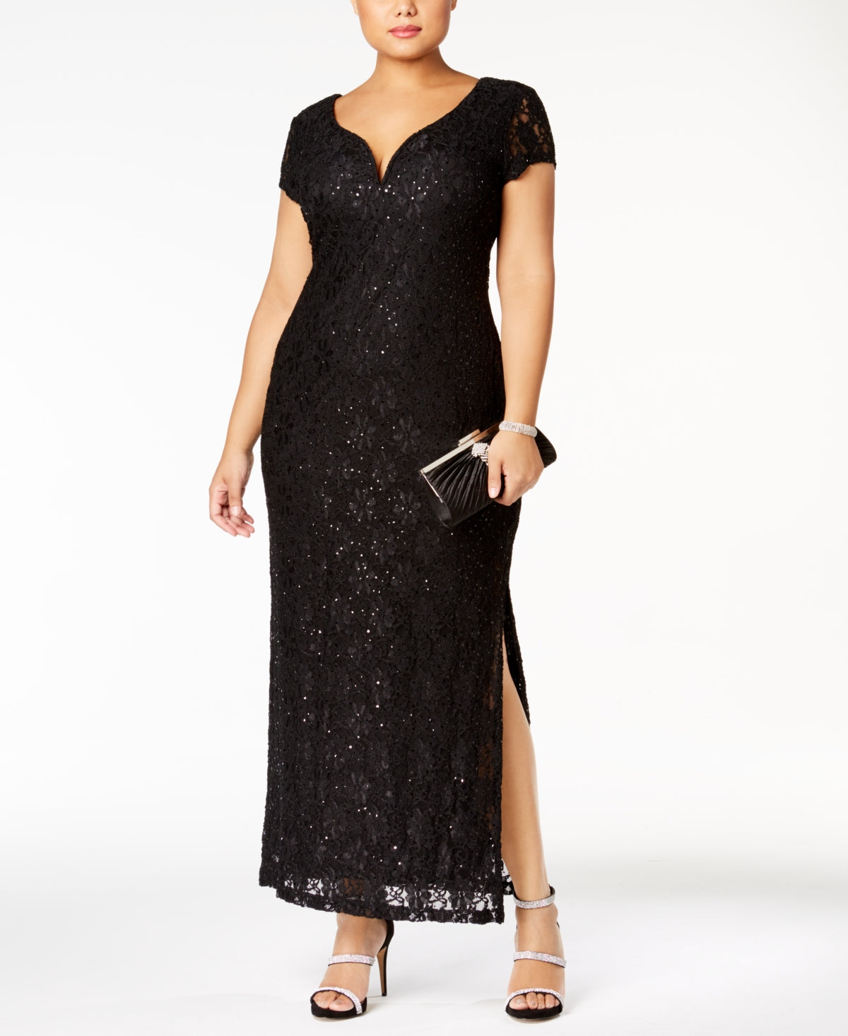 Vestido de renda com lantejoulas Connected para mulheres, preto, tamanho 16W