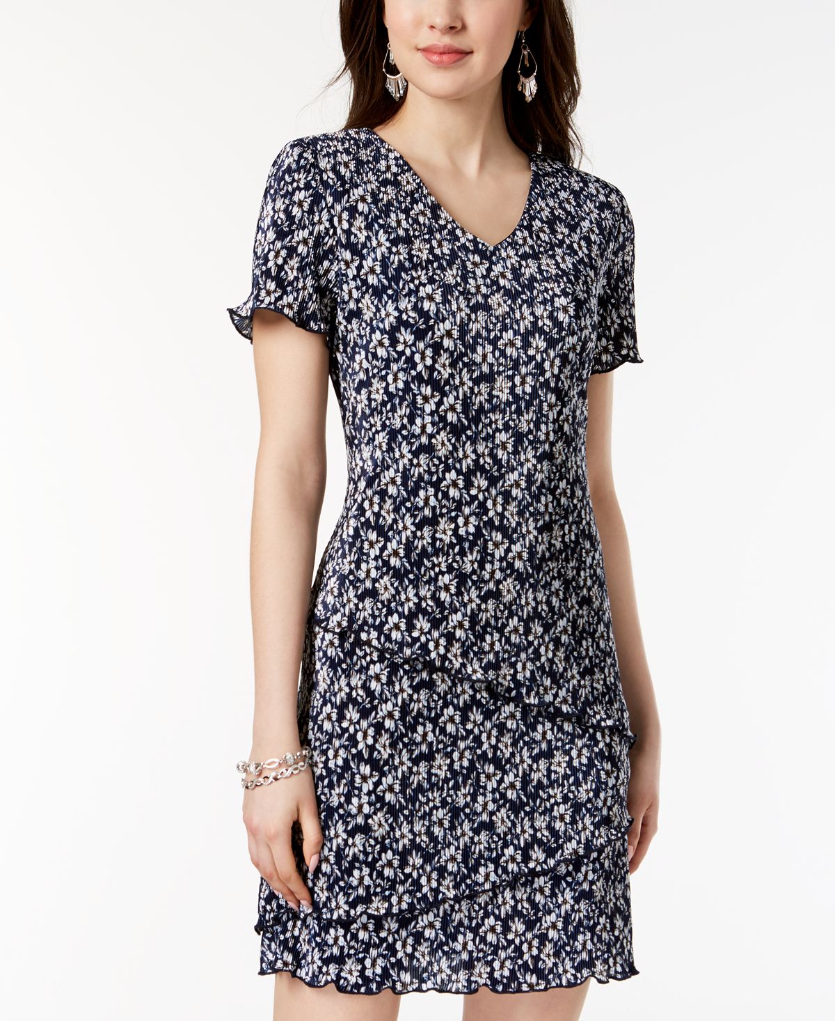 Vestido estampado feminino Connected em camadas, azul, tamanho 10, pequeno