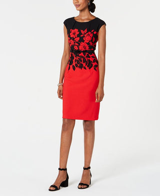 Connected Women's Belted Sheath Dress Red Size 6 Petite