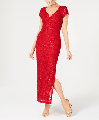 Connected Women's Sequined Lace Column Gown Red Size 4Petite