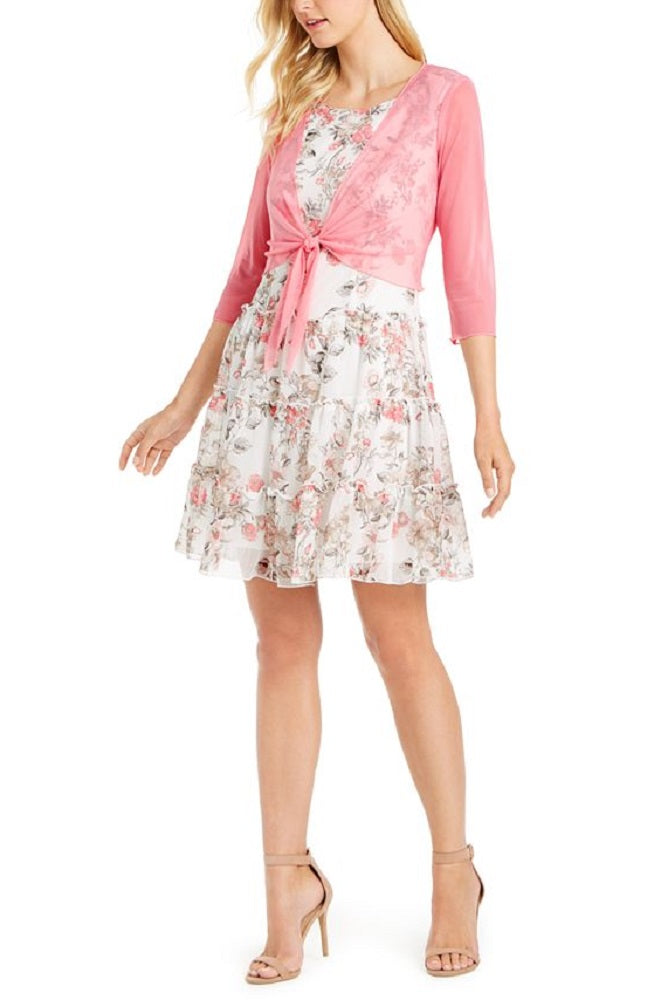 Jaqueta de malha feminina conectada e vestido com estampa floral, ajuste e flare, branco, tamanho 6, pequeno