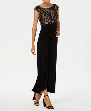 Connected Women's Embroidered Mesh Faux Wrap Gown Black Size 10