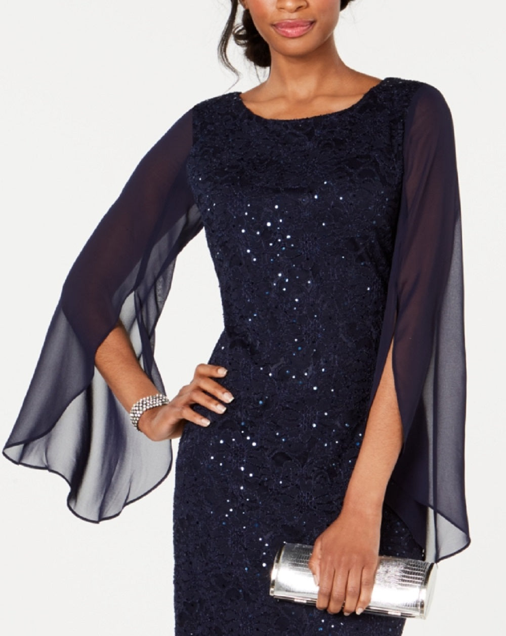 Vestido de renda com lantejoulas e mangas esvoaçantes feminino Connected, azul, tamanho 6
