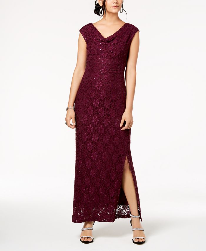 Vestido de noite feminino conectado com renda e lantejoulas, marrom, tamanho 12