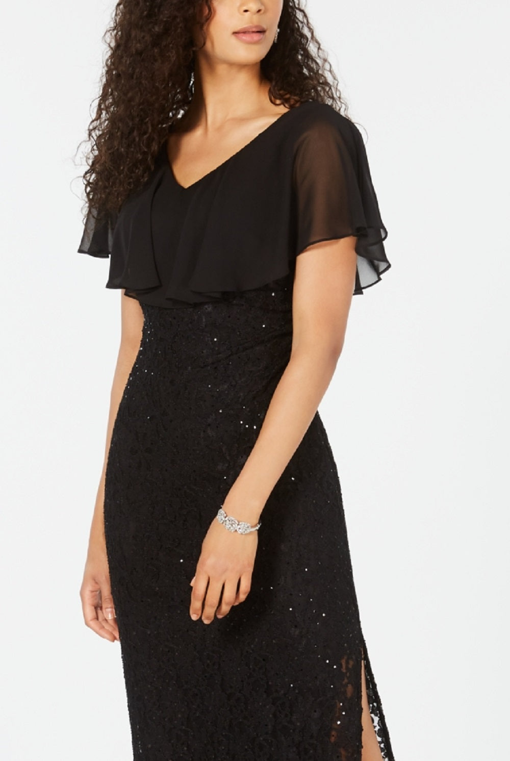 Vestido de capa feminino com lantejoulas e renda, preto, tamanho 14, pequeno
