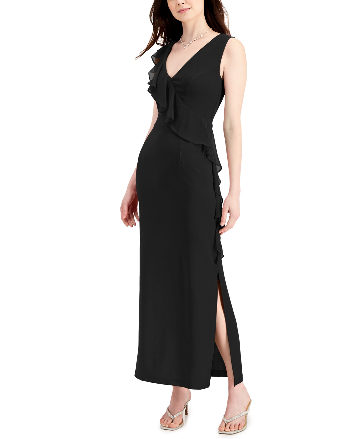 Vestido feminino Connected com babados em cascata, preto, tamanho 10