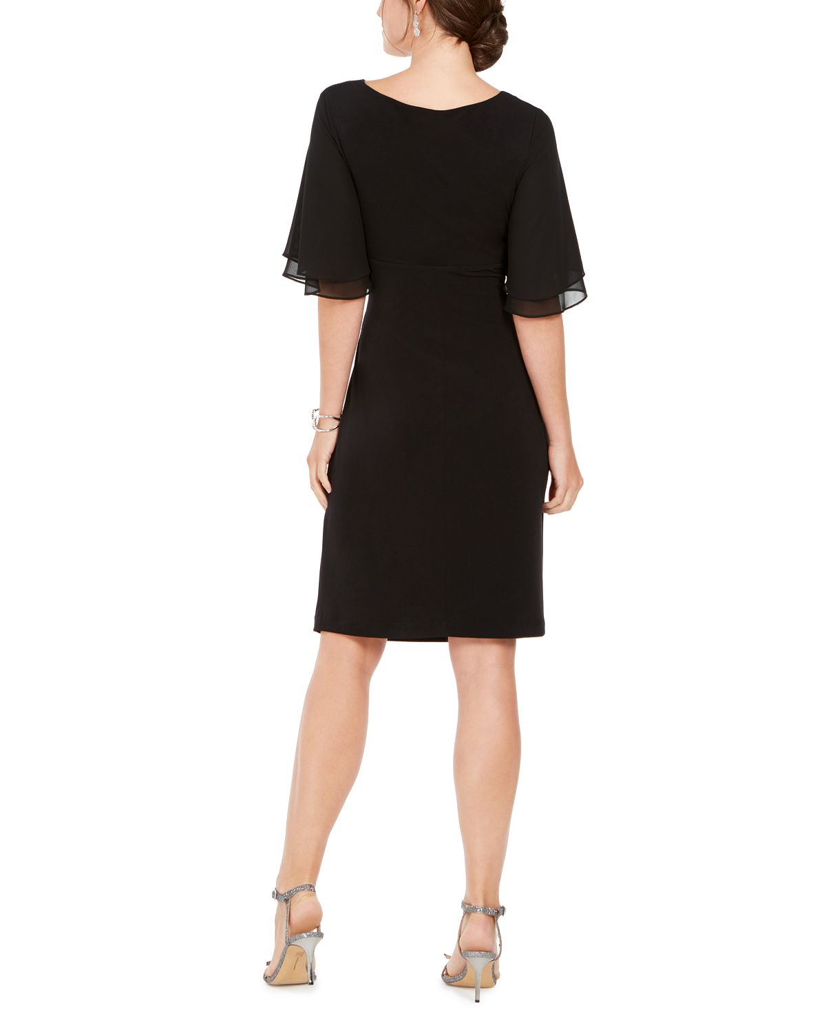 Vestido feminino Connected, manga curta, decote em V, na altura do joelho, preto, tamanho 6, pequeno