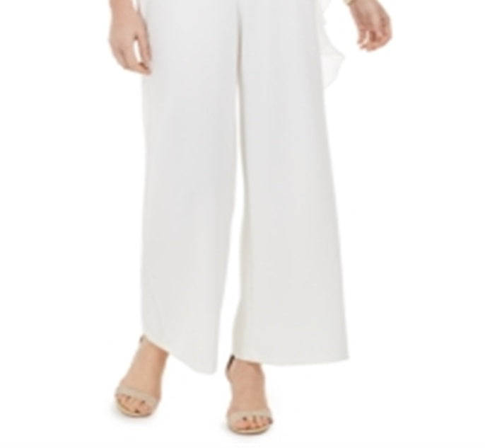 Macacão feminino conectado com decote em V, sem mangas, babados, drapeado, zíper nas costas, branco, tamanho 8