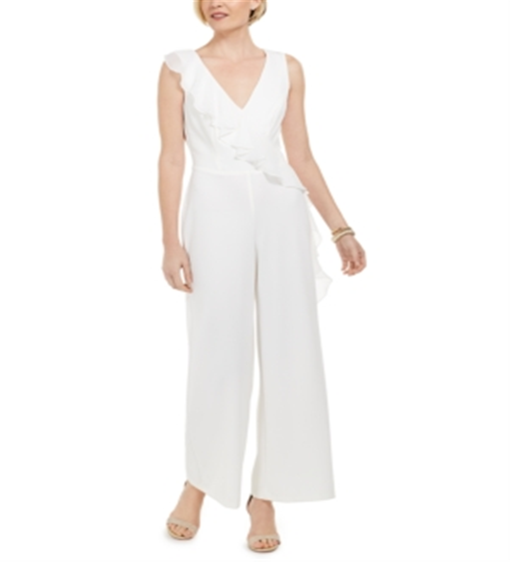 Macacão feminino conectado com decote em V, sem mangas, babados, drapeado, zíper nas costas, branco, tamanho 8