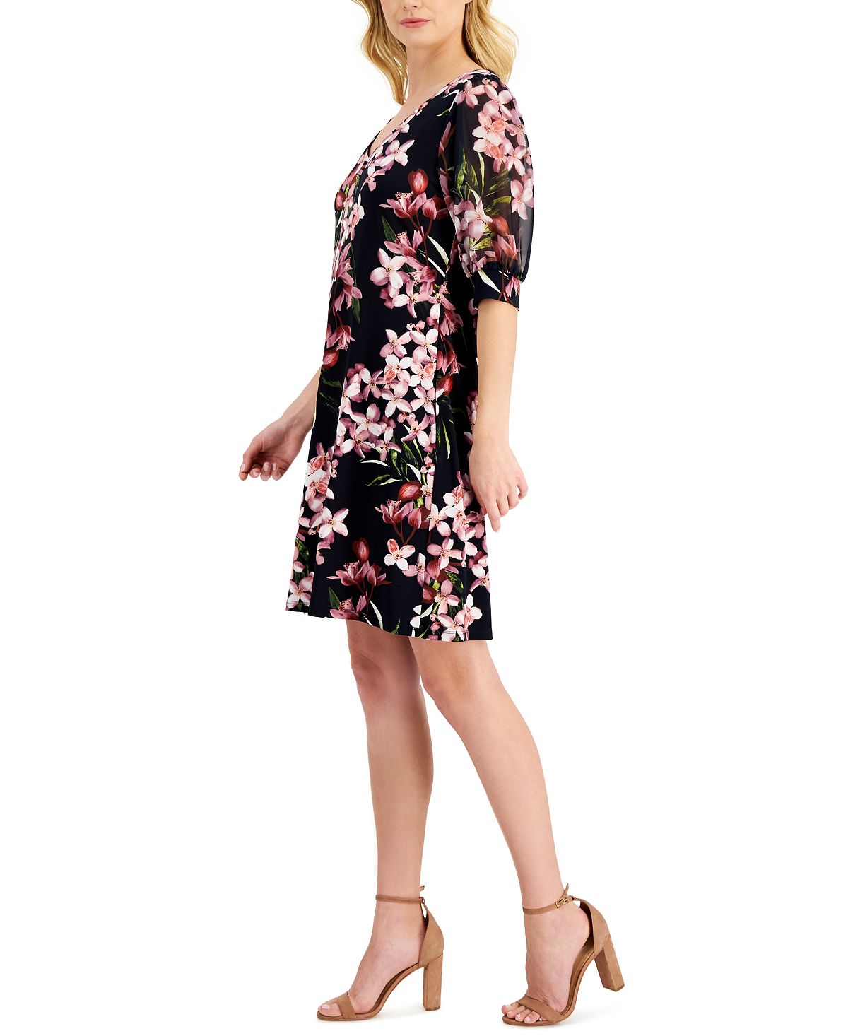 Vestido feminino com estampa floral e manga bufante, rosa, tamanho 10