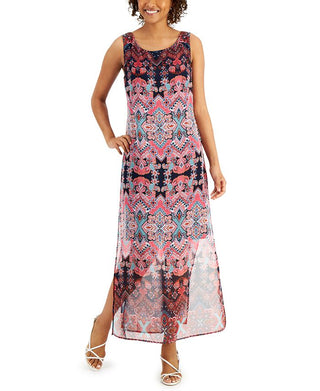 Connected Women's Sheer Slitted Lined Keyhole Back Closure Printed Sleeveless Scoop Neck Maxi Shift Dress Pink Size 16