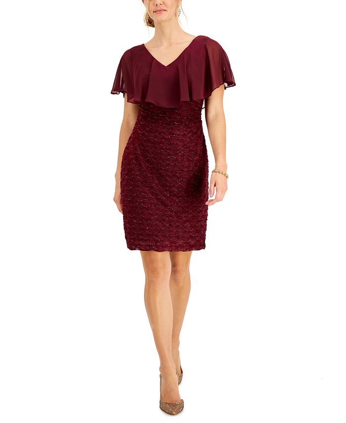 Vestido feminino com sobreposição de chiffon e bainha para cílios, vermelho, tamanho 12