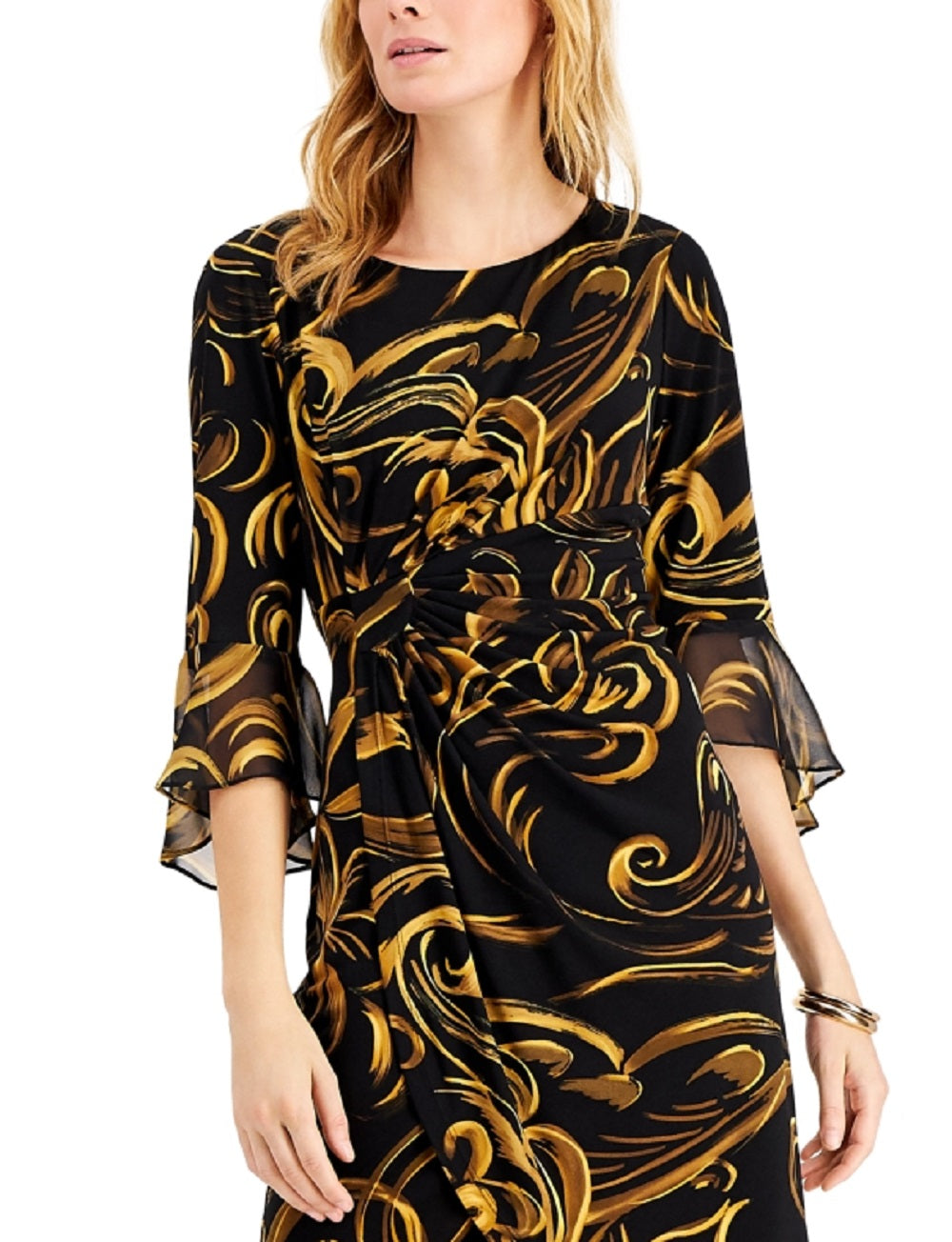 Vestido tubinho com mangas e babados feminino Connected amarelo tamanho 6 Petite